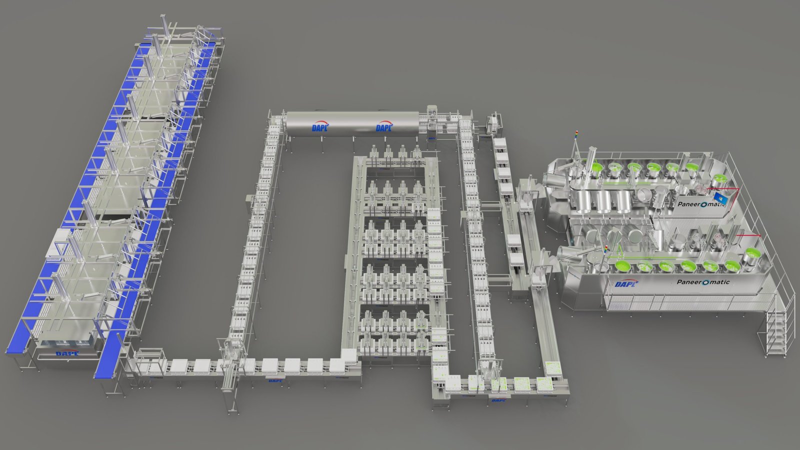 3D rendering of an automated DAPL Paneeromatic dairy processing line showing industrial machinery, conveyors, block pressing units, and processing vats on a gray background.